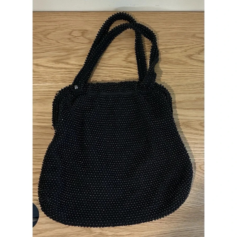 Stunning Vintage 1950s Lumured‎ CORDE-BEAD Caviar Sized Black Beaded Evening Bag